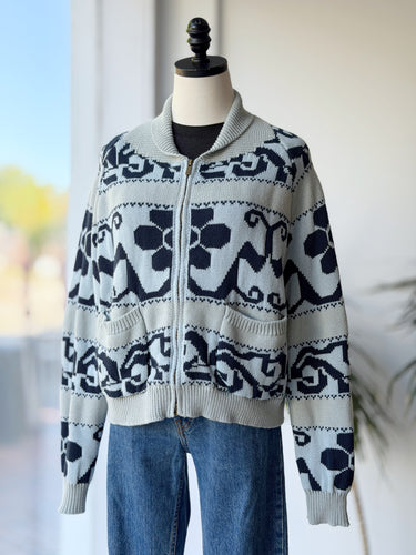 Pink Pineapple Blue Patterned Knit Zip Cardigan, Medium