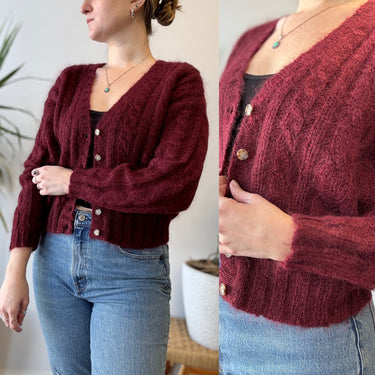 JG Hook Vintage Burgundy Cable Knit Mohair Cardigan, Medium