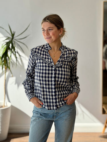 The Shirt Rochelle Behrens Blue Plaid Ruffle Blouse, XSmall