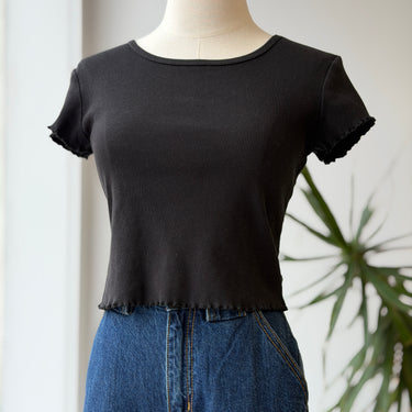 Reformation Black Ruffle Trim Basic T-Shirt, Medium