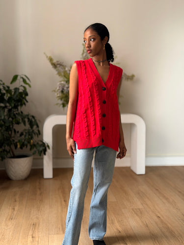 GANNI Red Cable Knit Vest, Small