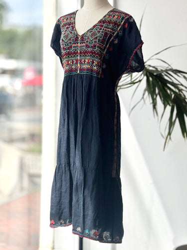 Johnny Was Navy Linen Embroidered Dress, XXLarge