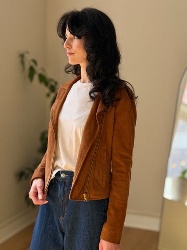 Sezane Zig Camel Suede Leather Biker Jacket, XSmall