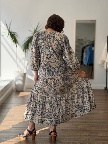 The Great Tassel Tie Blouson Dress in Mariner Blue Island Floral, fits S/M