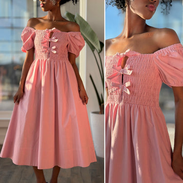 ASTR Pink Smocked Bow Linen Cotton Dress, Small