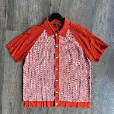 Todd Snyder Orange Check Knit Short Sleeve Shirt, Men's XLarge