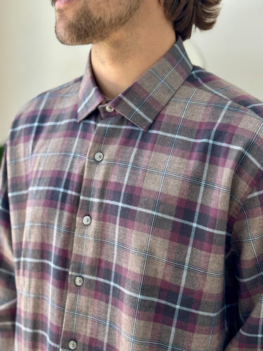 Scott Barber Purple and Grey Plaid Wool/Cotton Blend Button Up, Men's XLarge