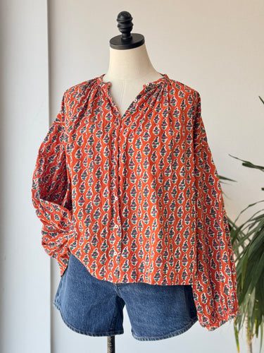 Doen Jane Orange Block Print Blouse, XSmall
