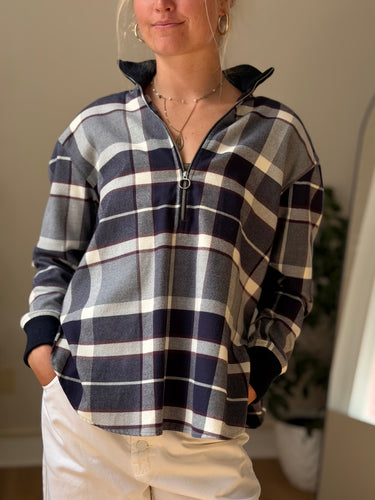 Closed Navy Plaid Half Zip Pullover Flannel Top, XSmall