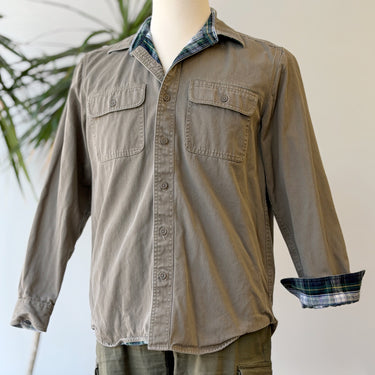 LL Bean Khaki Tartan Green Plaid Flannel Lined Button Up, Men's Small