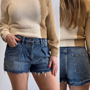 Frame Pleated Medium Wash Cut Off Shorts, 28