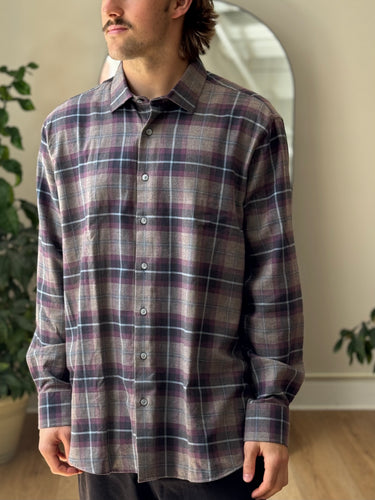 Scott Barber Purple and Grey Plaid Wool/Cotton Blend Button Up, Men's XLarge