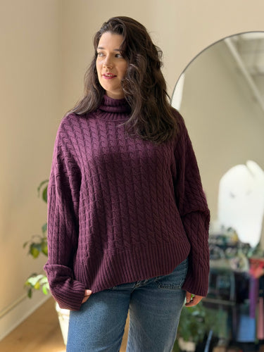Favorite Daugher Plum Cable Knit Turtleneck Sweater, Large