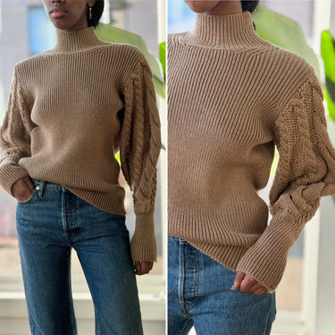 Caroline Constas Camel Cable Knit Puff Sleeve Sweater, XSmall