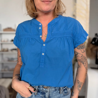 Xirena Blue Cotton Short Sleeve Blouse, XSmall