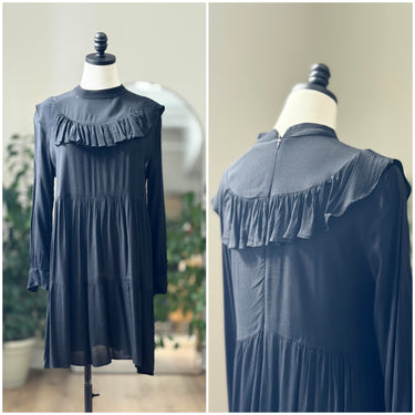 Ganni NWT Black Sheer Ruffle Mini Dress, Small