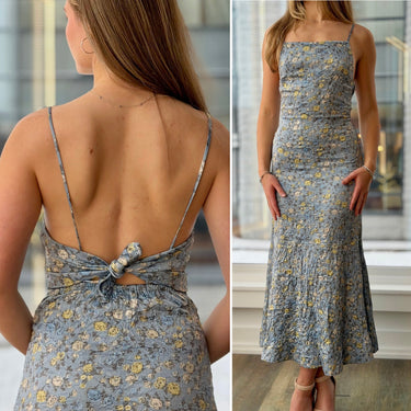 Ganni  Blue Floral Crinkled Satin Dress, 34