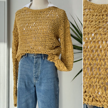 White + Warren Saffron Open Knit Cotton Blend Sweater, Small