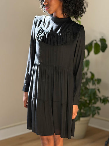 Ganni NWT Black Sheer Ruffle Mini Dress, Small