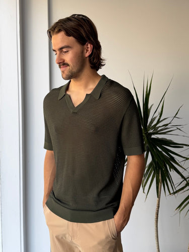 Onia Mesh Knit Polo in Olive, Men's Large