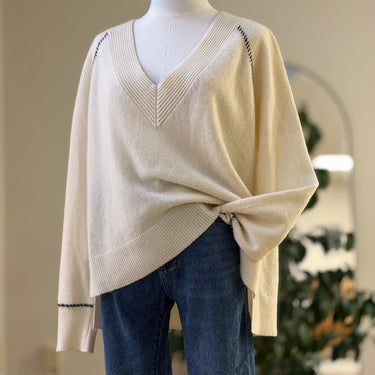 Veronica Beard Preta Ivory V Neck Sweater, XLarge