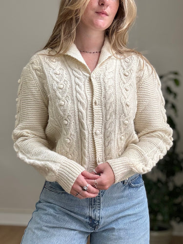 LL Bean Vintage Cream Cable Knit Cardigan , 38