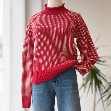LL Bean Signature Red Roll Neck Fishermans Knit Sweater, Fits Small