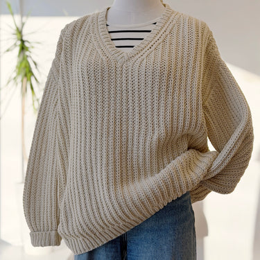 Jenni Kayne V-Neck Cotton Chunky Sweater in Cream, Small