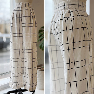 Faithfull The Brand White & Black Windowpane Linen Pants - faint marks near pockets, US 6