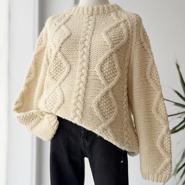 Maylee Vintage 100% Wool Cream Cableknit Fisherman Sweater, Large