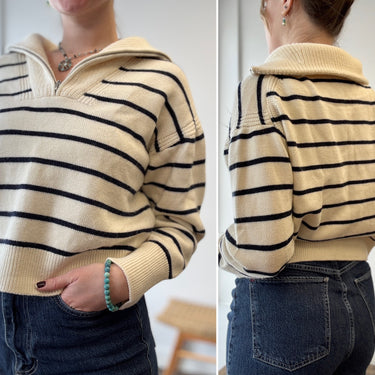 La Ligne  1/4 Zip 100% Wool Striped Sweater, XSmall