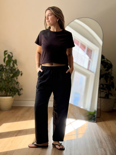 Evam Eva Black Pull On Cotton Silk Pants, 1