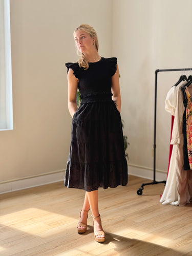 Cleobella Black Smocked Eyelet Dress, Small