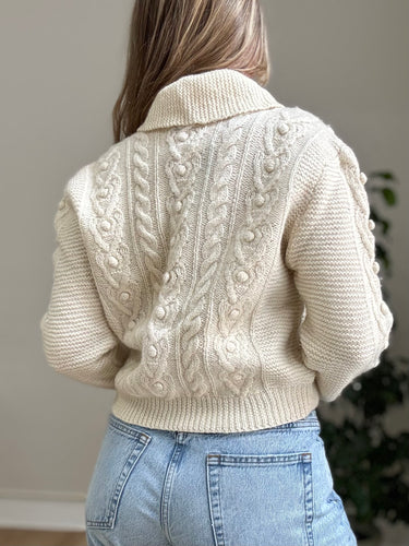 LL Bean Vintage Cream Cable Knit Cardigan , 38