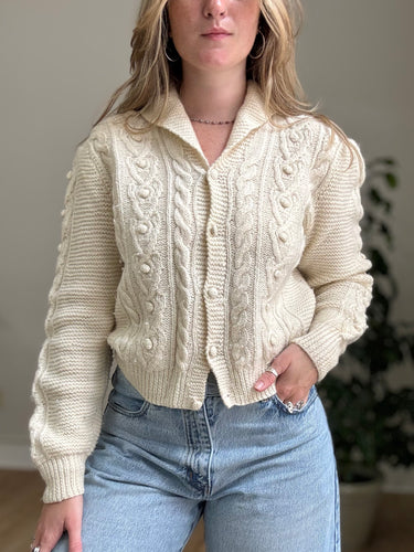 LL Bean Vintage Cream Cable Knit Cardigan , 38