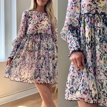 GANNI Floral-Print Plissé-Paneled Georgette Mini Dress, 36/4