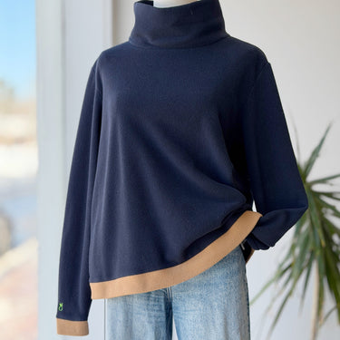Dudley Stephens Navy Mock Neck Fleece w/ Camel Trim, XLarge