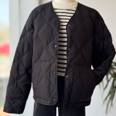 Jenni Kayne Black Quilted Collarless Down Puff Jacket, Large