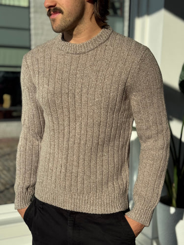 LL Bean Oat Lambswool Ribbed Knit Sweater, Men's Medium