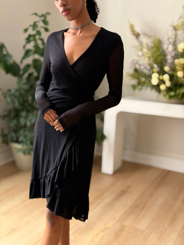 GANNI Black Mesh Dot Wrap Dress, 34/2