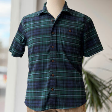 LL Bean Short Sleeve Green Flannel Plaid Button Up, Men's Small