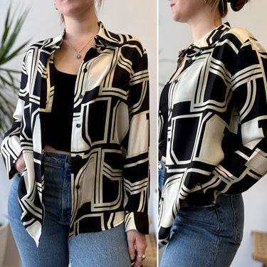 Closed 100% Silk Abstract Print Button Down Blouse, Medium
