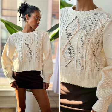 Love Shack Fancy Leni Wool Embroidered Cable Knit Sweater, XSmall