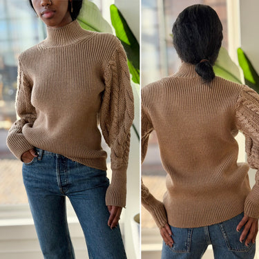 Caroline Constas Camel Cable Knit Puff Sleeve Sweater, XSmall