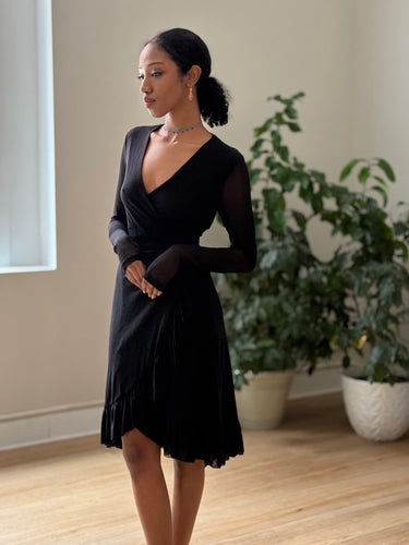 GANNI Black Mesh Dot Wrap Dress, 34/2