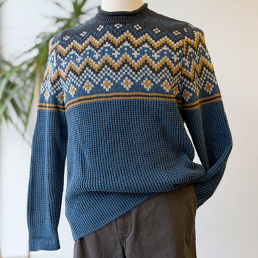LL Bean Blue 100% Cotton Fair Isle Roll Neck Sweater, Men's Medium