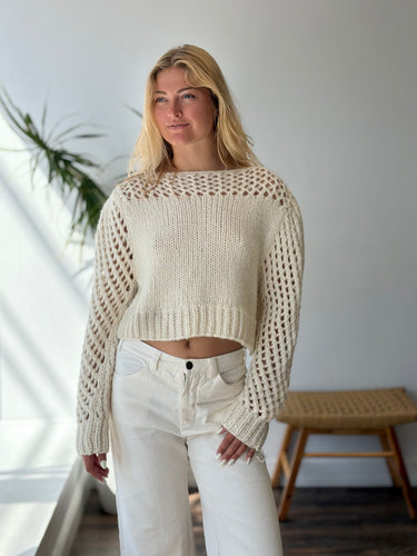Love Shack Fancy NWT Larson Crop Sweater in Antique White, Large