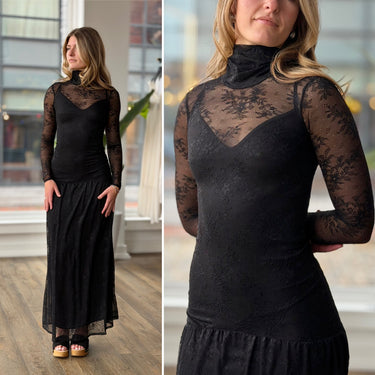 AFRM Black Lace Mock Neck Dress, XSmall