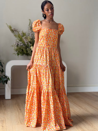 Caroline Constas Orange Floral Tiered Dress, Small