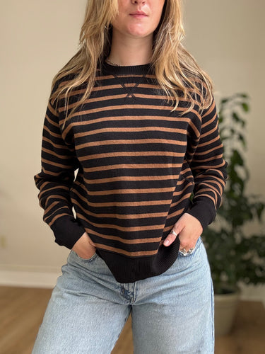 Everlane Camel and Black Striped Crewneck Sweater, Small